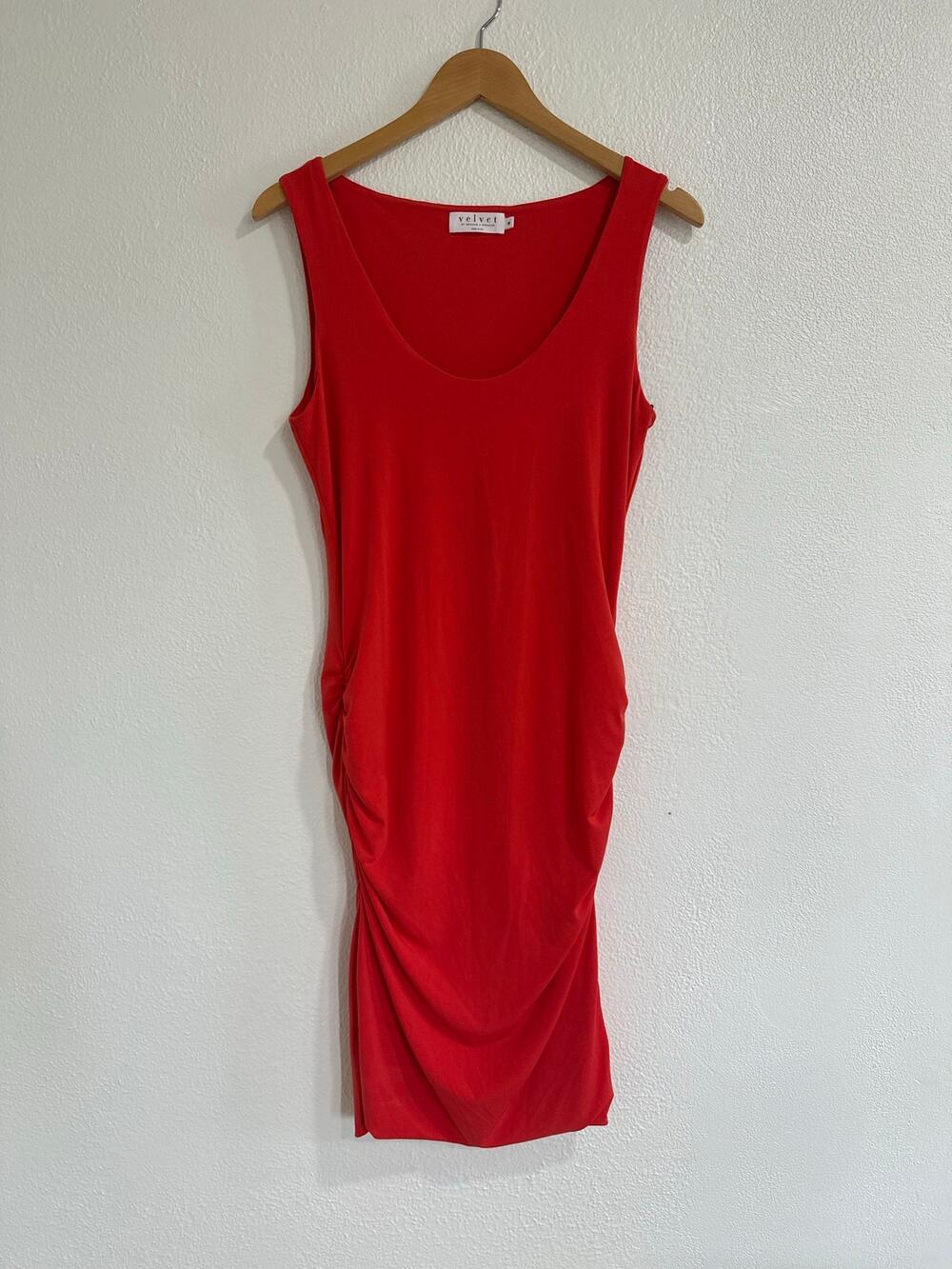 NWT Velvet Graham Spencer Coral Red Ruched Scoop Neck Bodycon Dress Size Medium